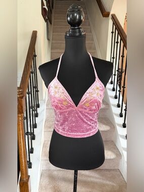 Pink Crushed Velvet Halter Crop Top/Swimsuit Top with Embroidered Detail